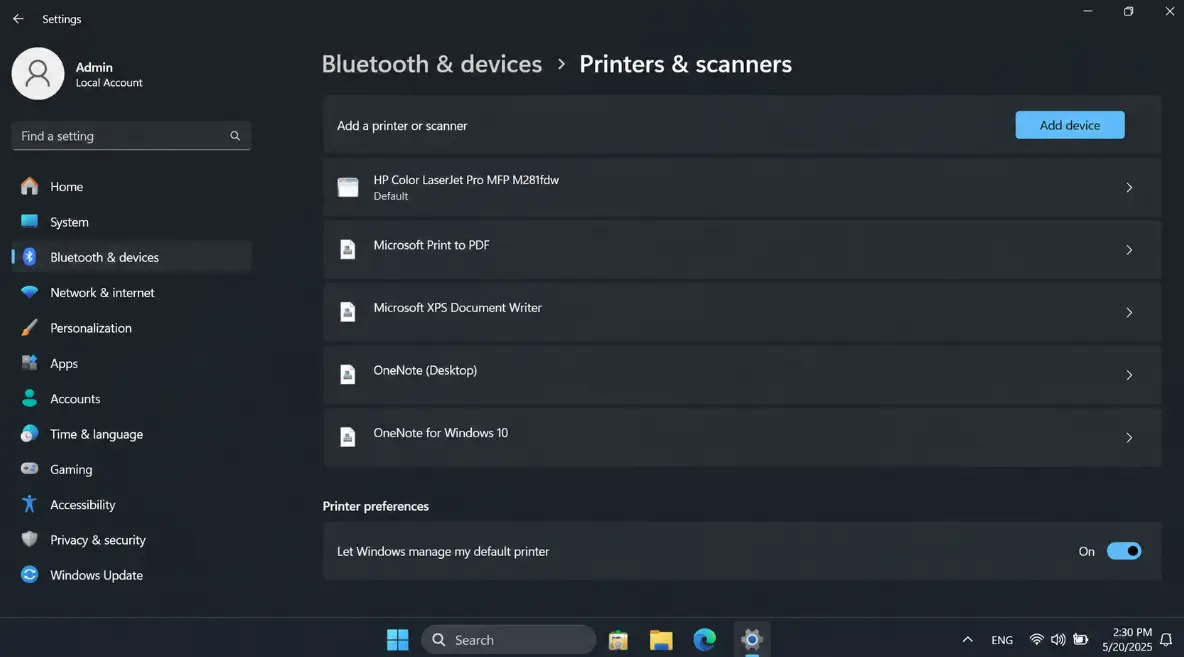 Windows Settings. Go to Bluetooth & Devices → Printers & Scanners.